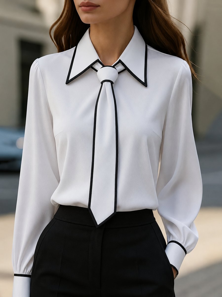Women's Collared Tie Neck Long Sleeve Blouse - White