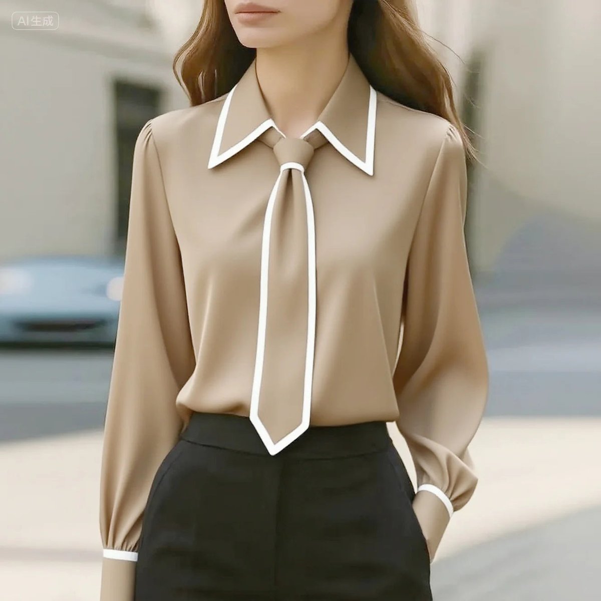 Women's Collared Tie Neck Long Sleeve Blouse