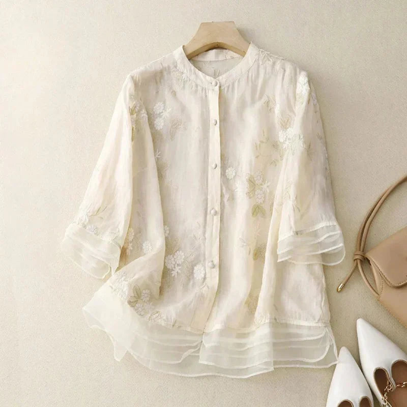 Women's Floral Embroidered Loose Blouse - Beige