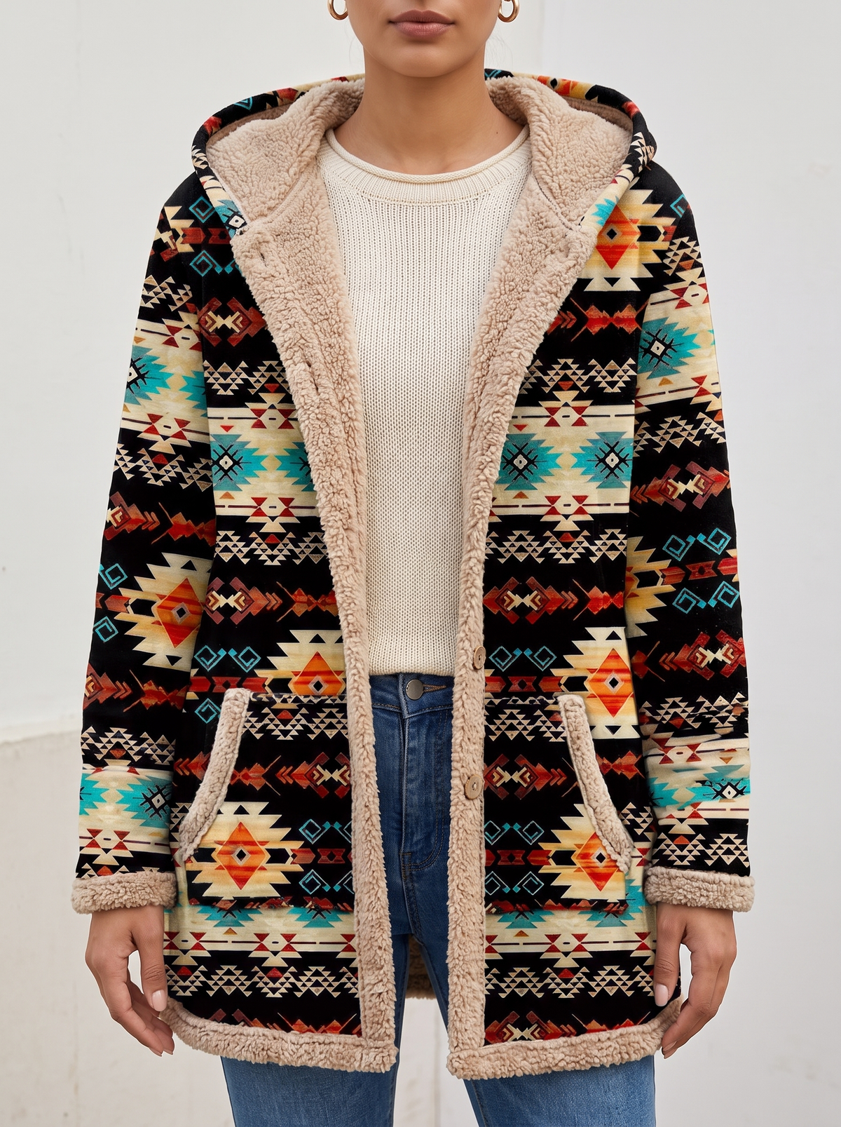 Hooded Aztec Longline Cardigan - Multi Aztec
