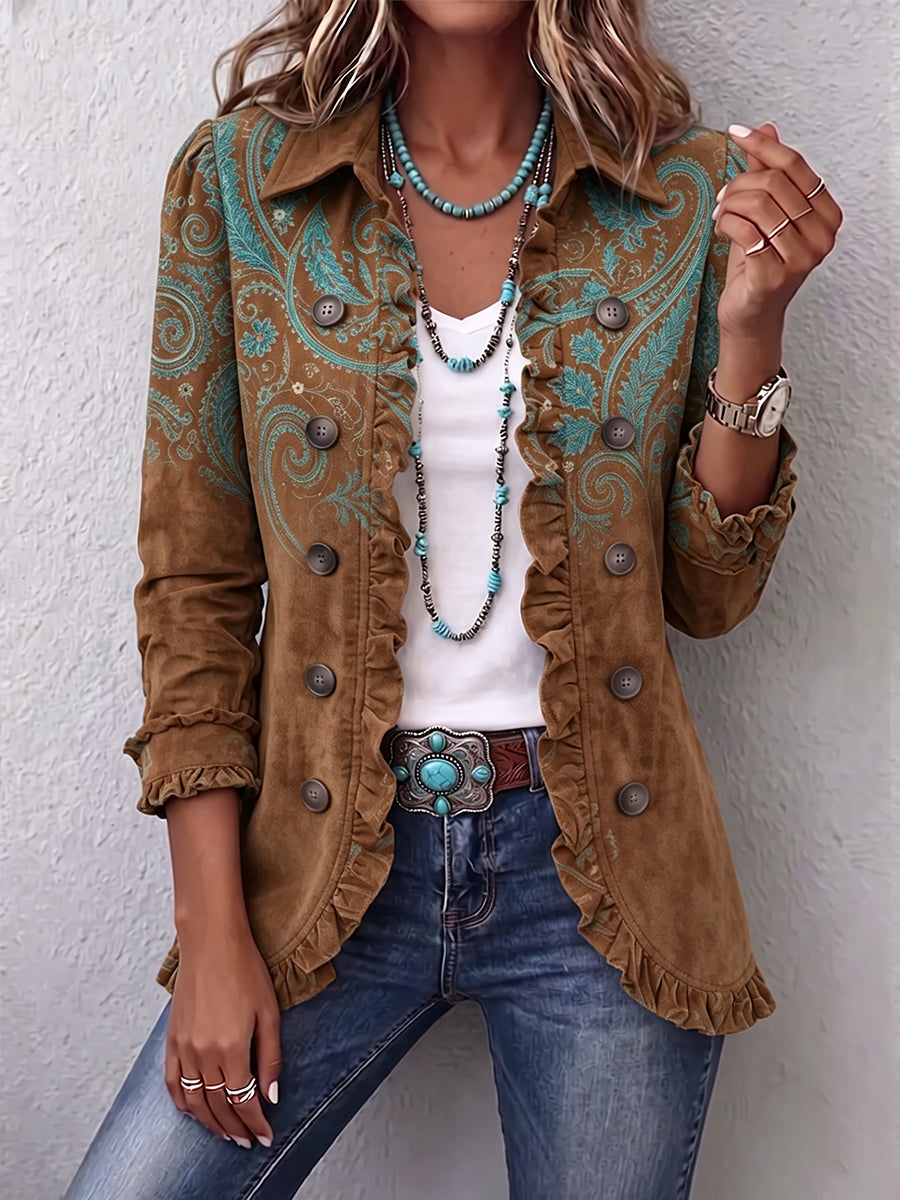 Paisley Print Ruffle Jacket - Brown