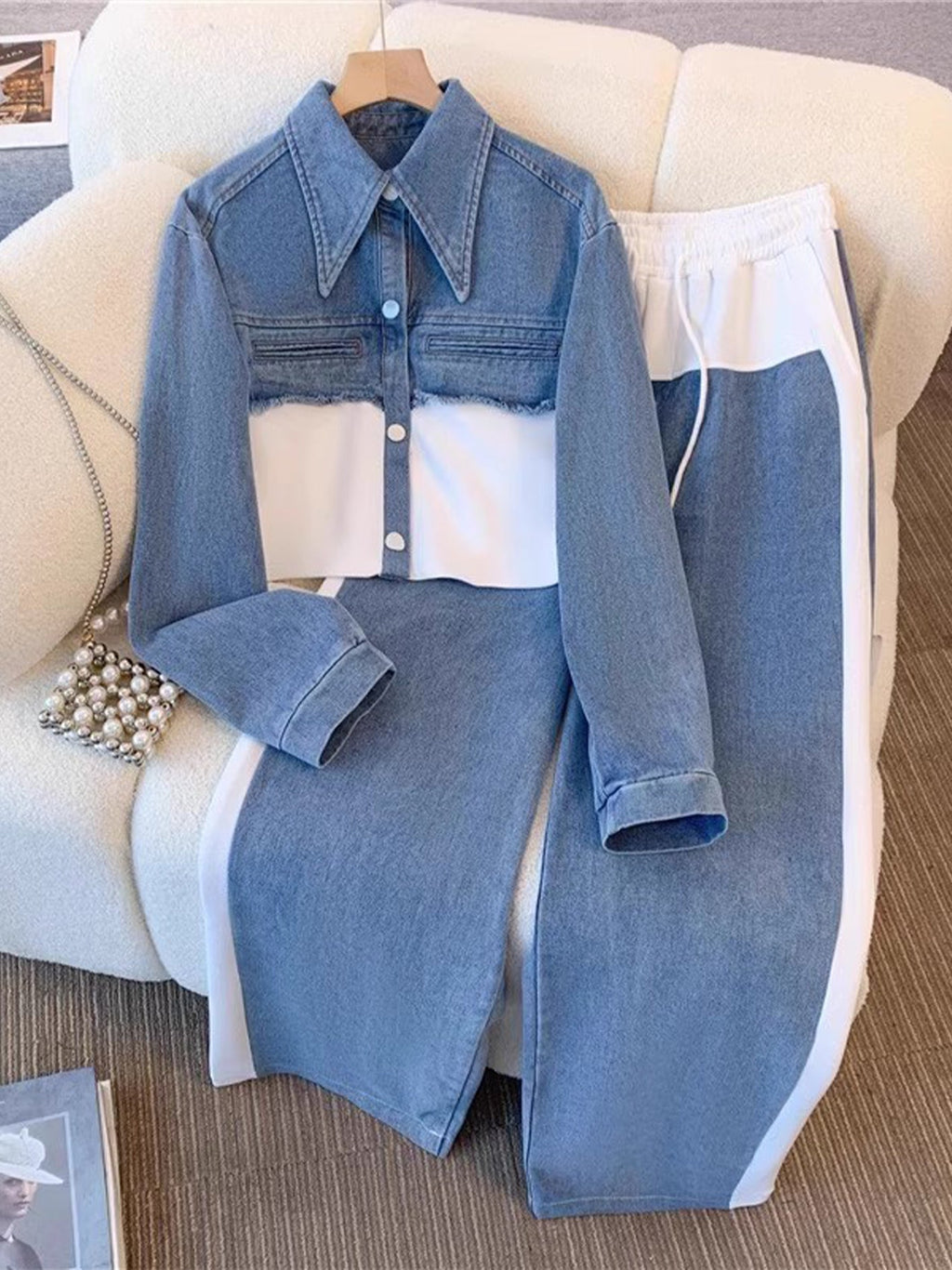 Color-Block Cropped Jacket & Wide-Leg Pants Set