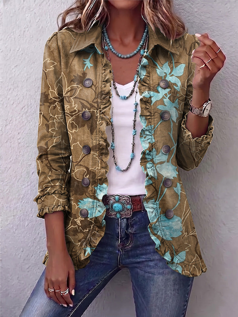 Boho Gradient Vintage Floral Ruffle Jacket