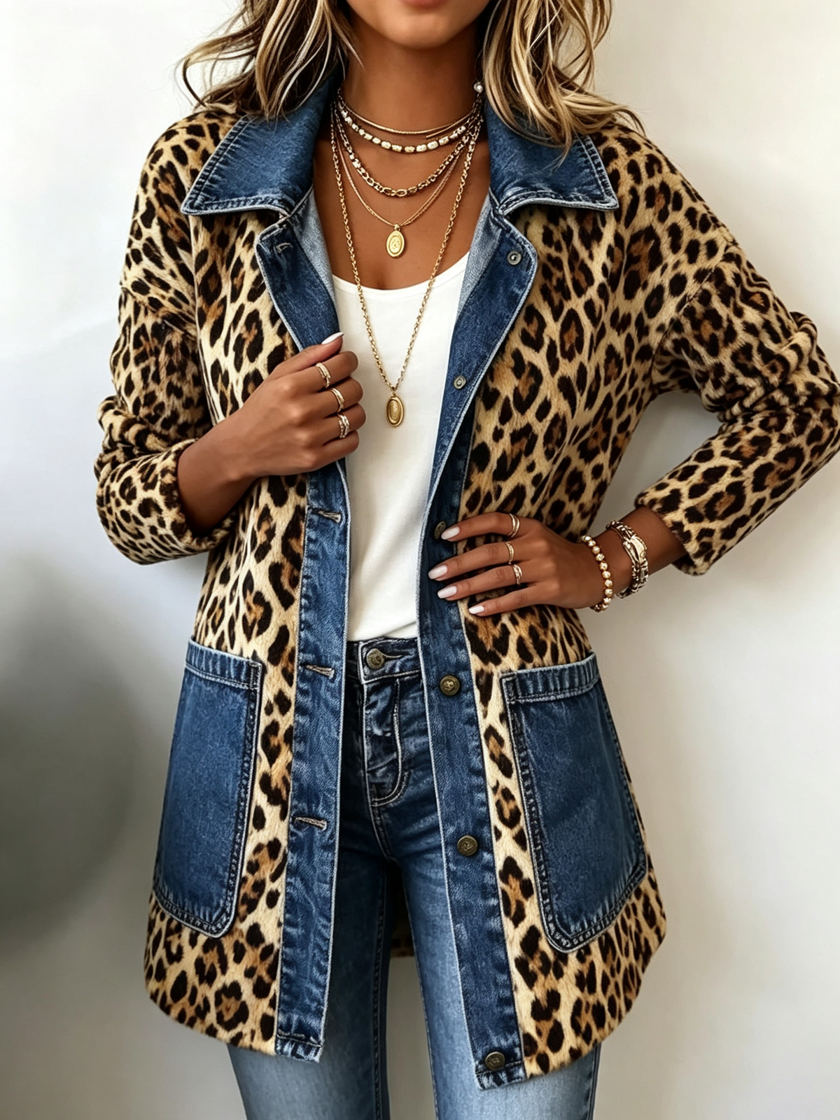 Leopard Print Denim Panel Contrast Longline Jacket