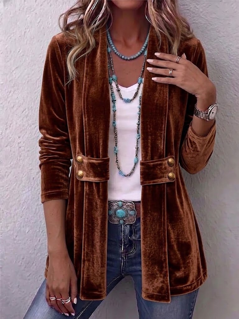 Vintage Lapel Button-Accent Long Sleeve Open Front Jacket