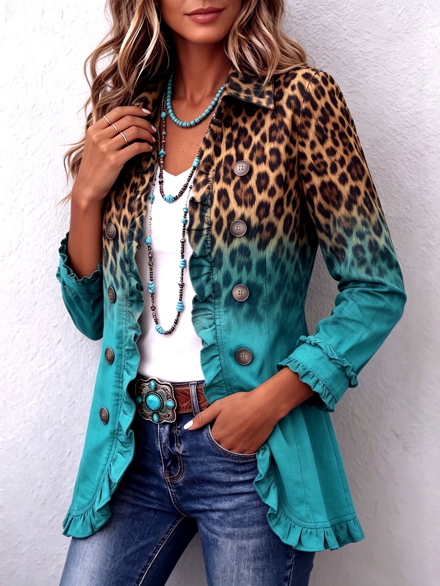 Leopard Ombre Ruffle Blazer Jacket