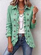 Gingham Ruffled Button-Down Jacket - Green