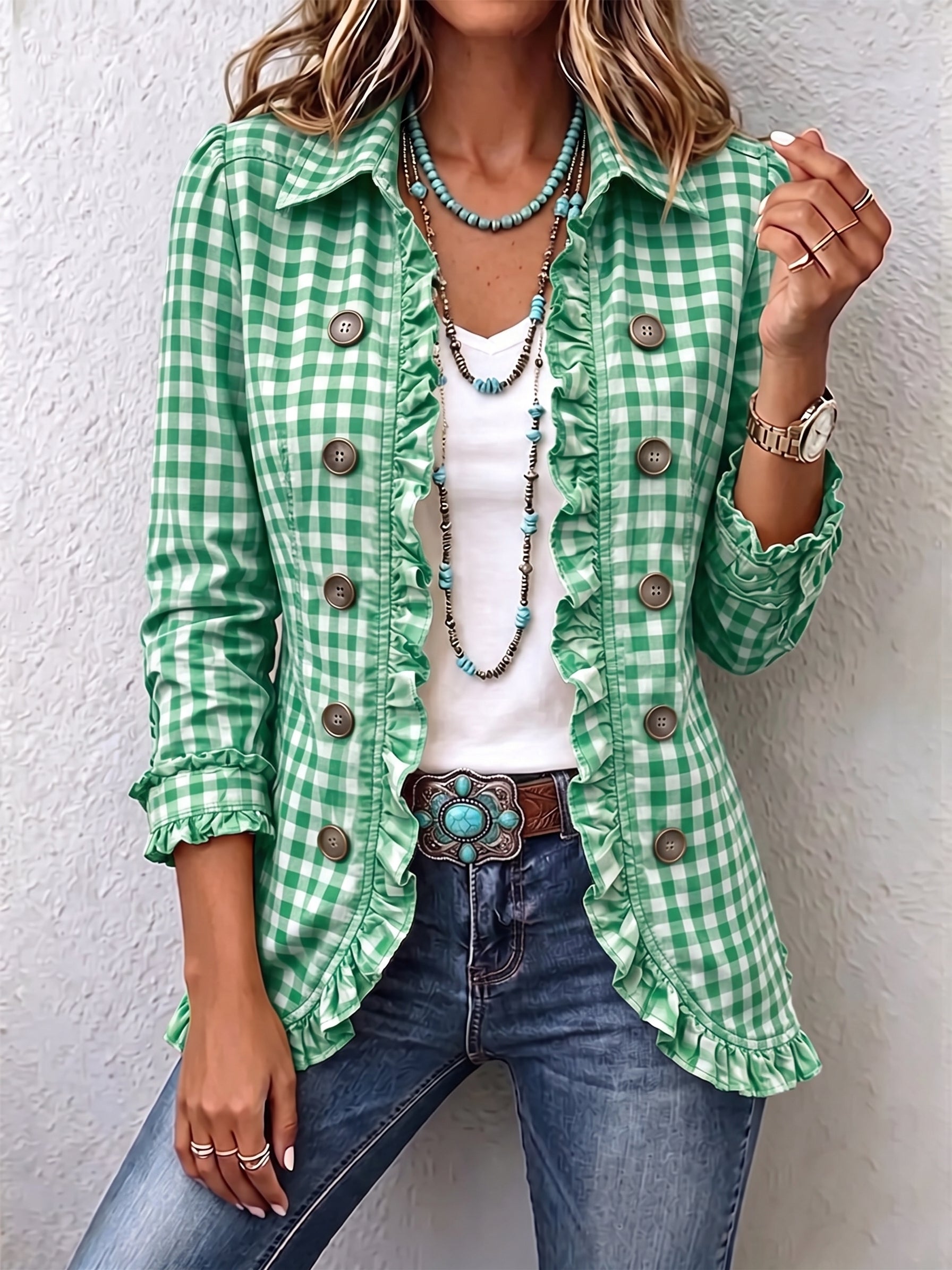 Gingham Ruffled Button-Down Jacket - Green