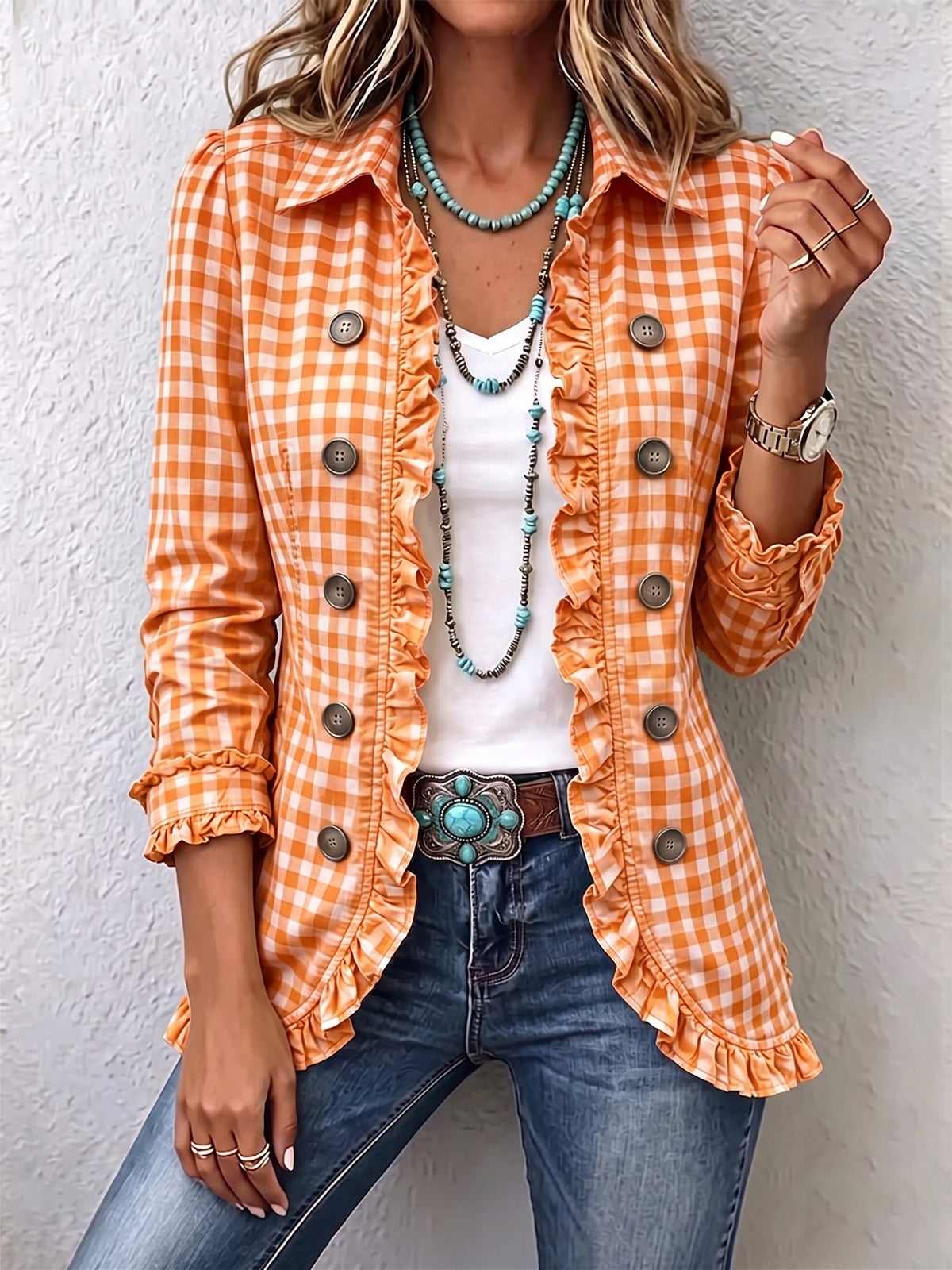 Gingham Ruffled Button-Down Jacket