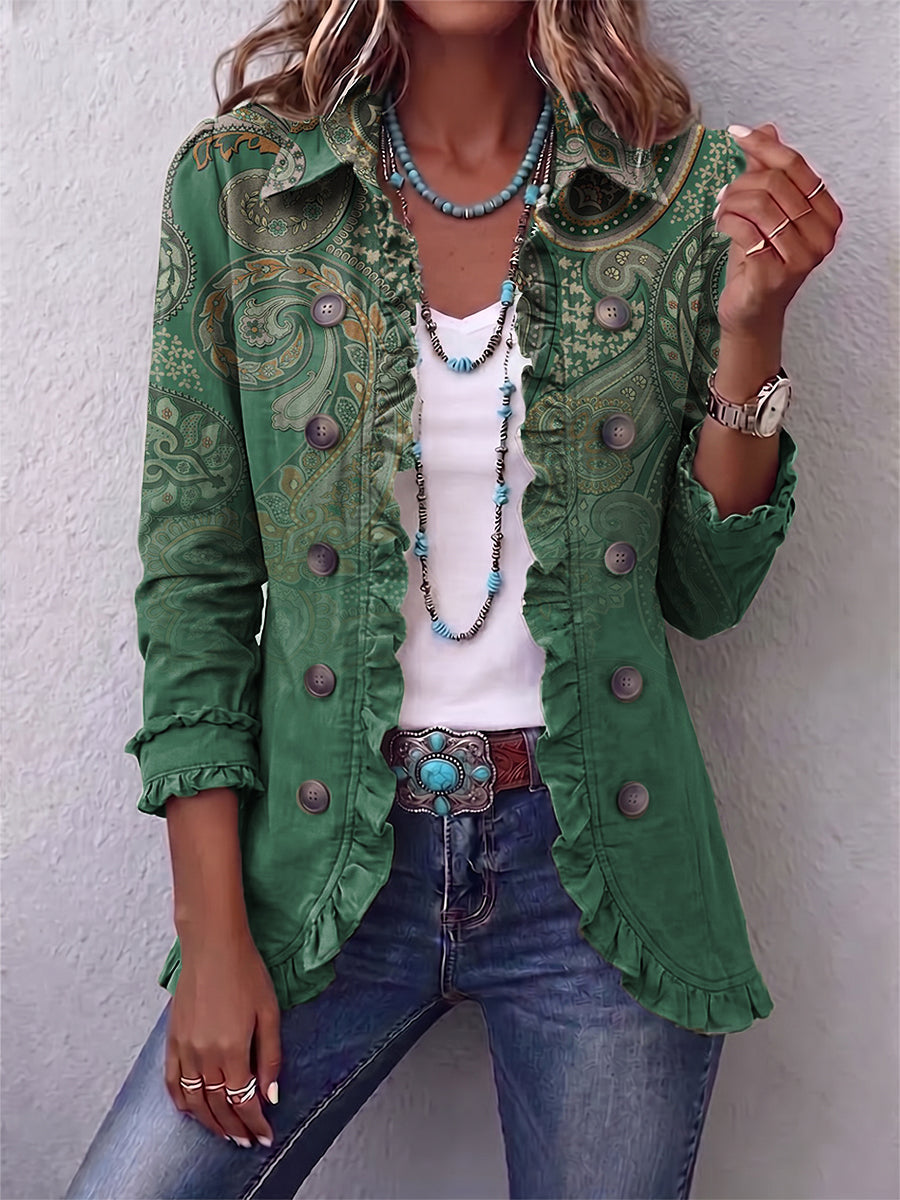 Bohemian Paisley Print Ruffled Jacket - Green Paisley