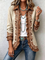 Vintage Bohemian Floral Ruffled Jacket - Tan & Brown