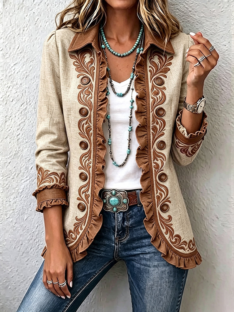 Vintage Bohemian Floral Ruffled Jacket - Tan & Brown
