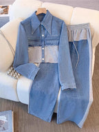 Color-Block Cropped Jacket & Wide-Leg Pants Set