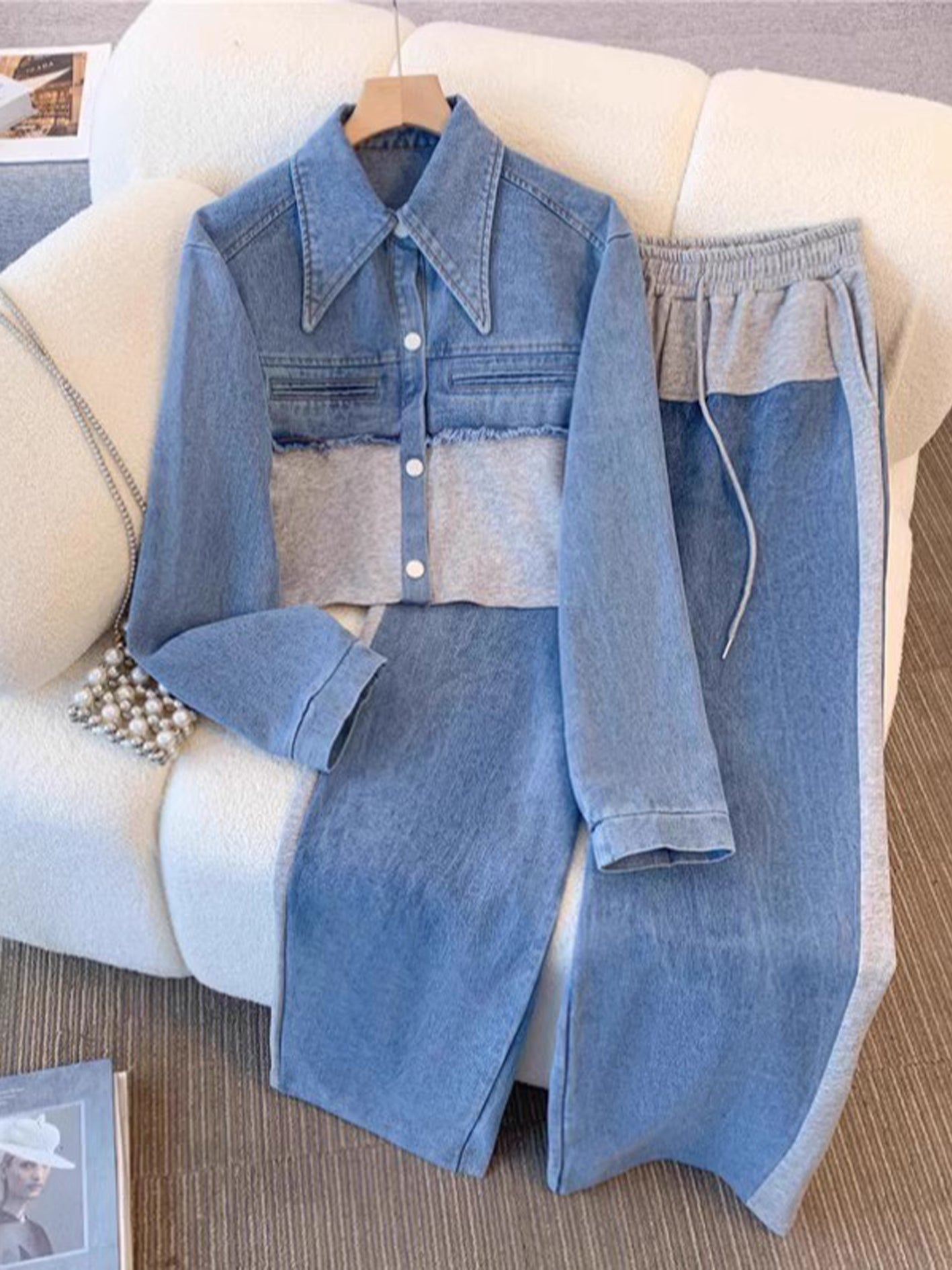 Color-Block Cropped Jacket & Wide-Leg Pants Set