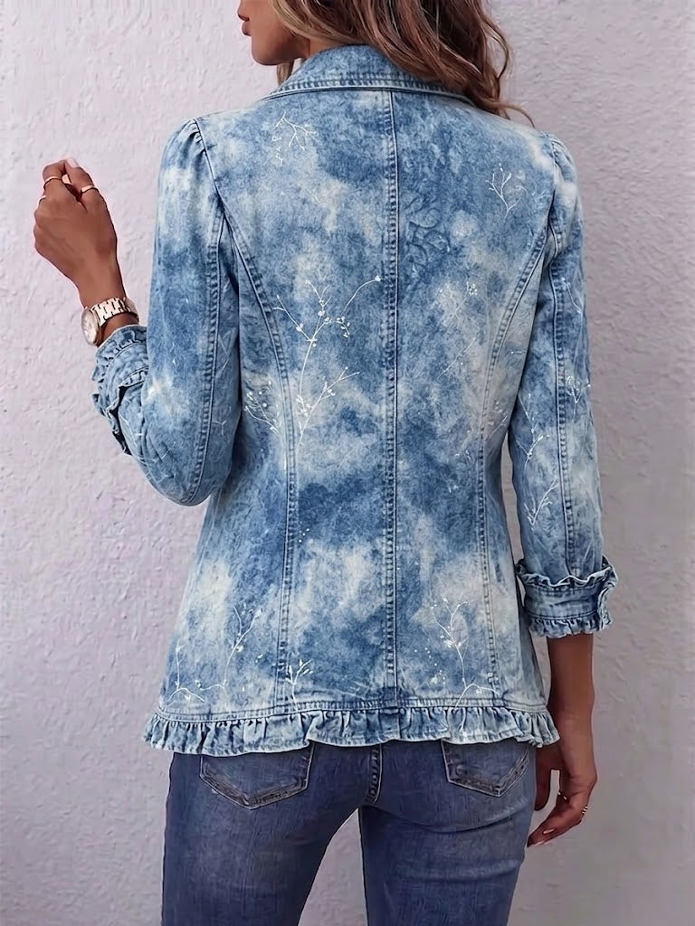 Boho-Style Gradient Vintage Botanical Print Ruffle-Detail Jacket