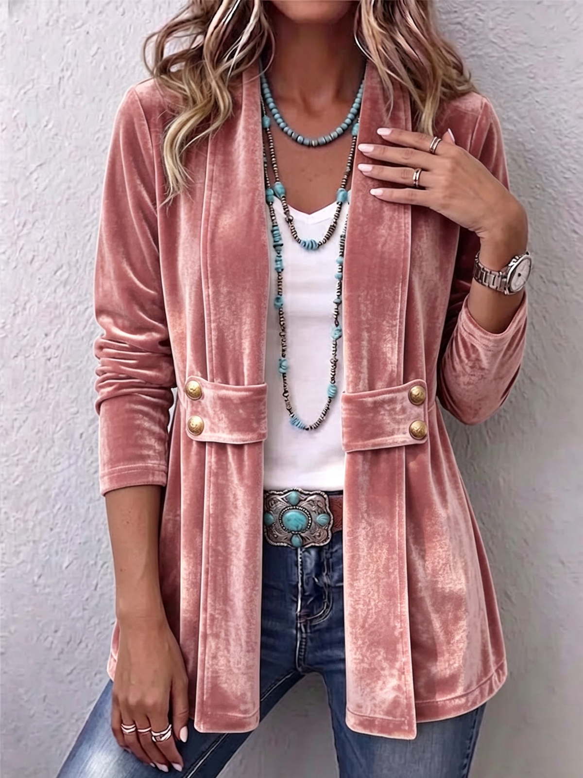 Vintage Lapel Button-Accent Long Sleeve Open Front Jacket