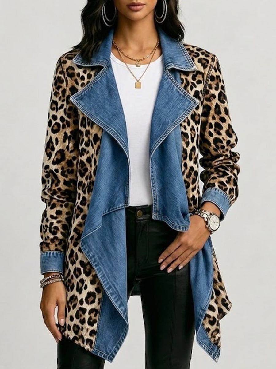 Leopard Print & Washed Denim Paneled Mid-Length Jacket - Khaki