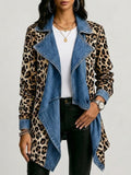 Leopard Print & Washed Denim Paneled Mid-Length Jacket - Khaki