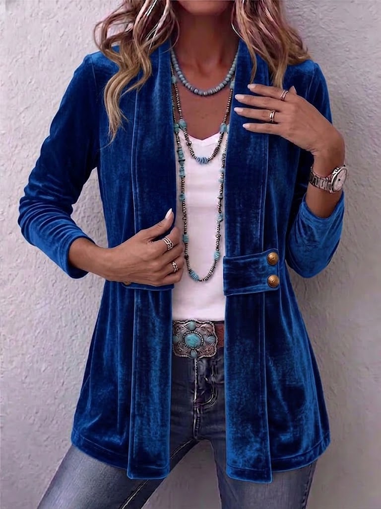 Vintage Lapel Button-Accent Long Sleeve Open Front Jacket