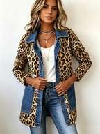 Leopard Print Denim Panel Contrast Longline Jacket