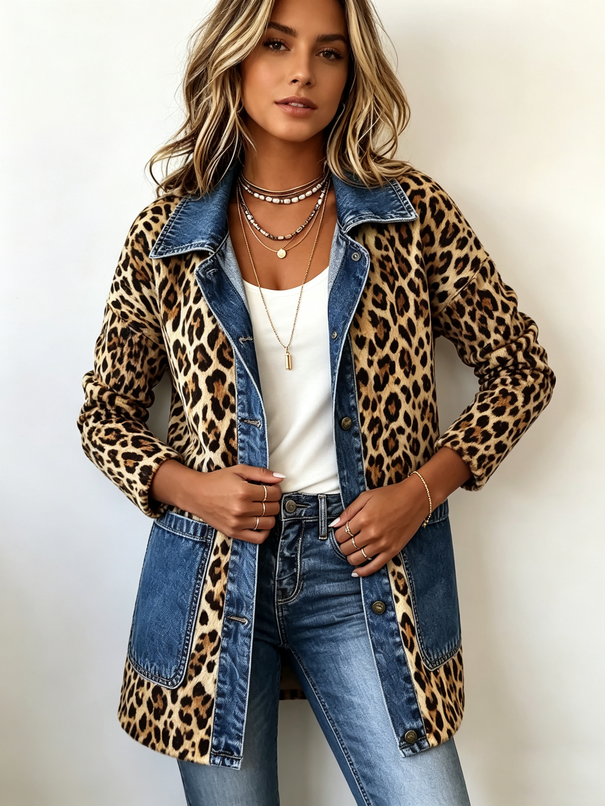 Leopard Print Denim Panel Contrast Longline Jacket