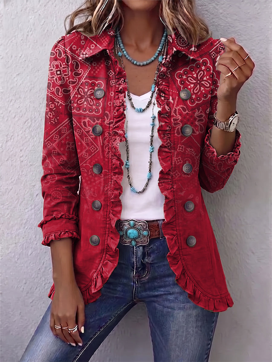 Bohemian Paisley Ombré Print Ruffled Jacket - Red