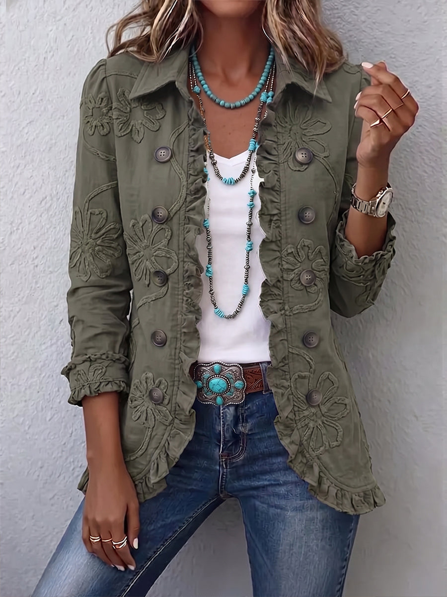Boho-Chic Floral Utility Ruffled Trim Jacket - Retro Green