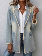 Vintage-Style Oversized Blazer with Raw Edges - Light Wash Blue