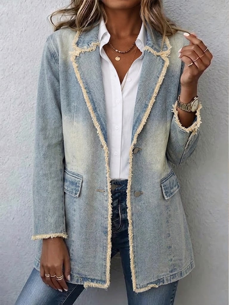 Vintage-Style Oversized Blazer with Raw Edges - Light Wash Blue