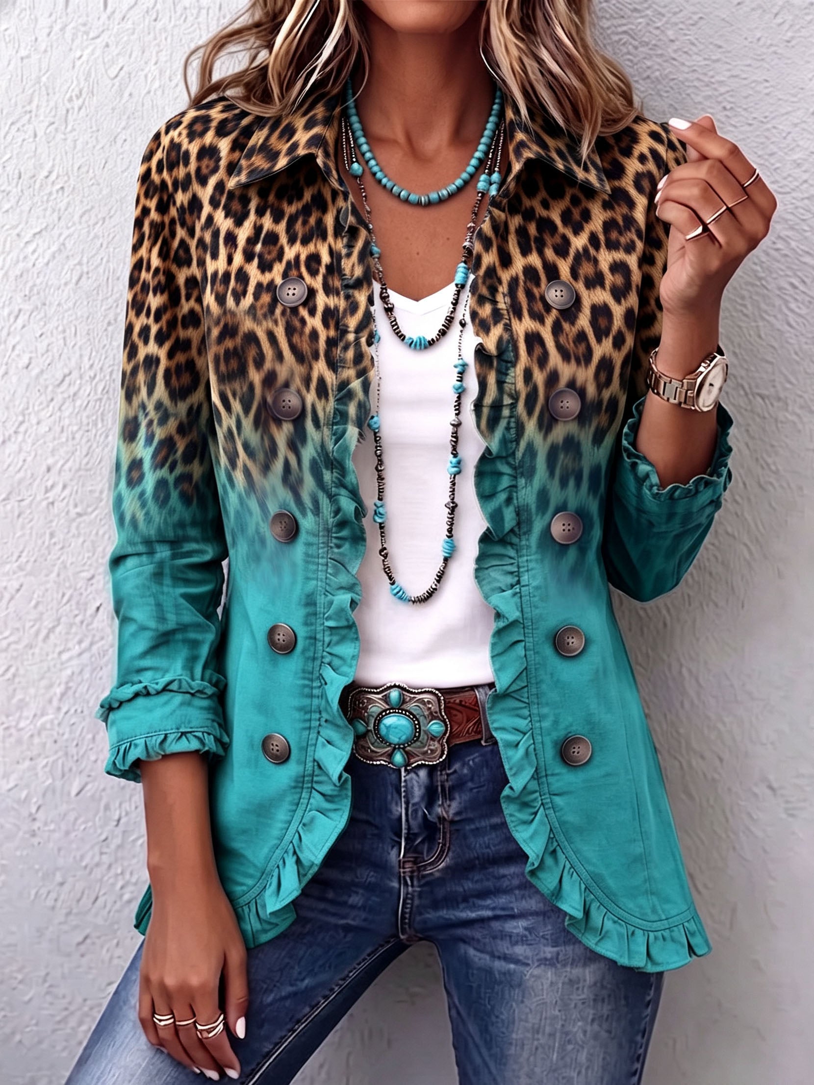 Leopard Ombre Ruffle Blazer Jacket - Turquoise