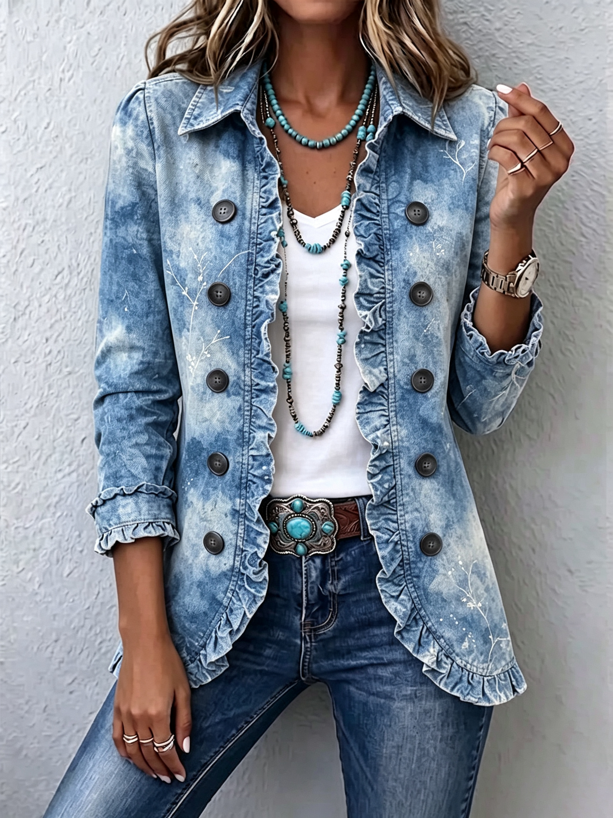Boho-Style Gradient Vintage Botanical Print Ruffle-Detail Jacket