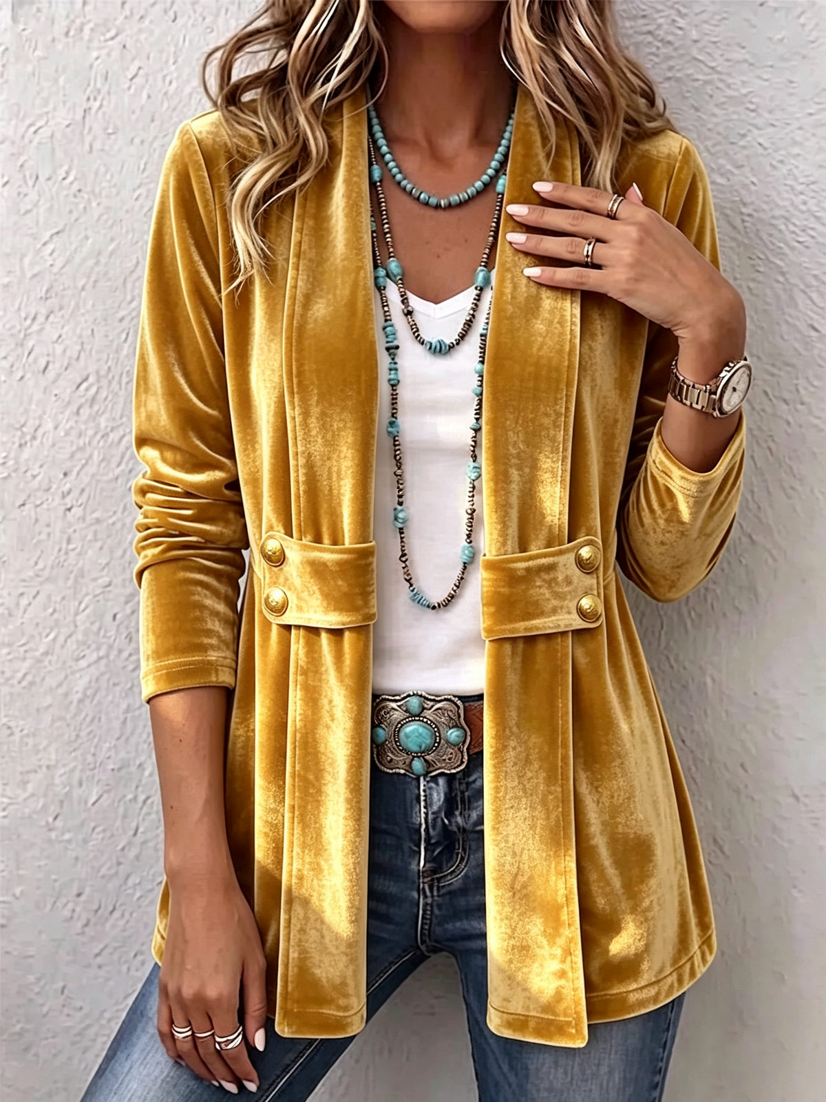 Vintage Lapel Button-Accent Long Sleeve Open Front Jacket