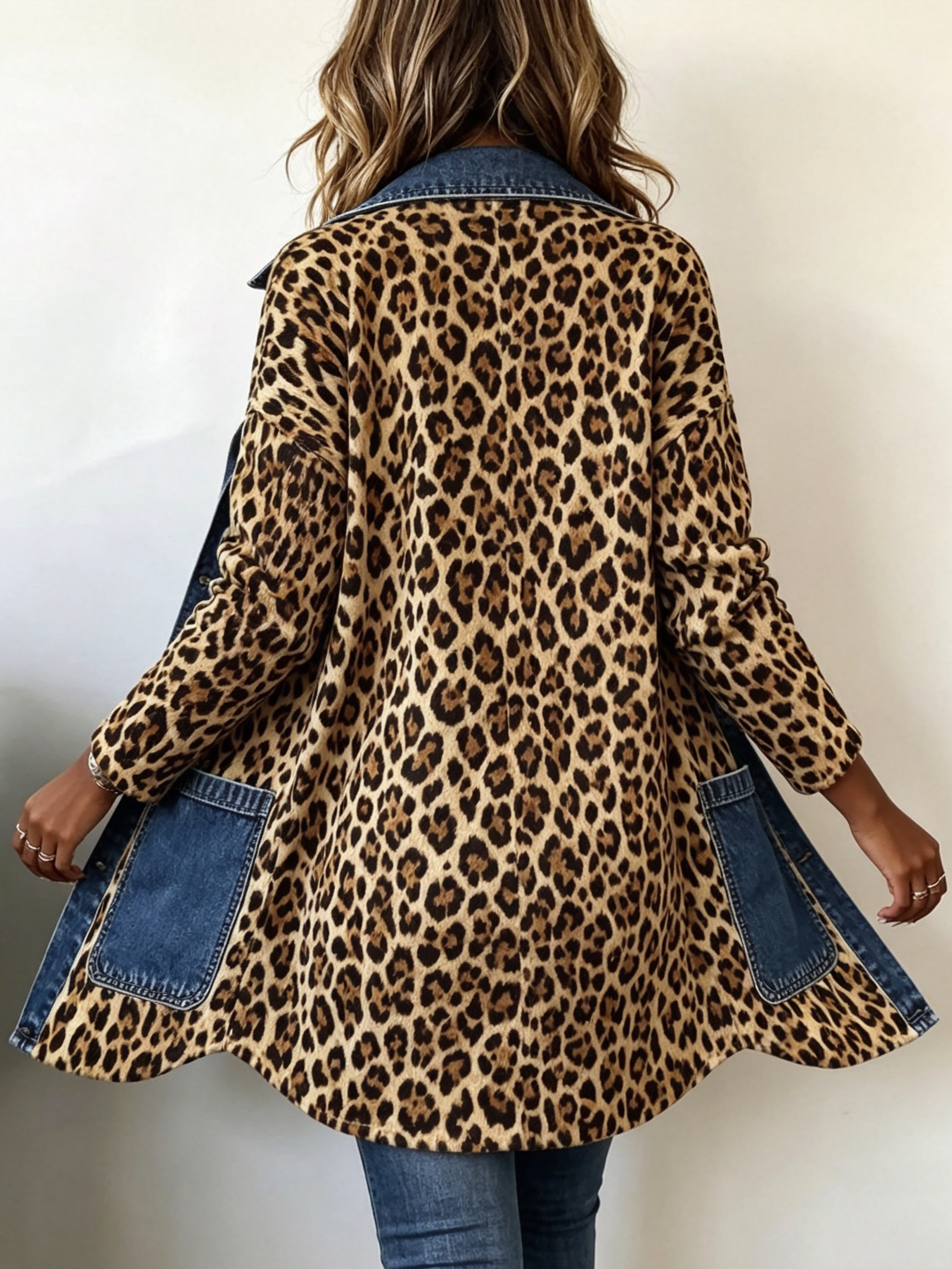 Leopard Print Denim Panel Contrast Longline Jacket