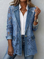 Blazer Jacket with Floral Lace Paneling - Denim Blue