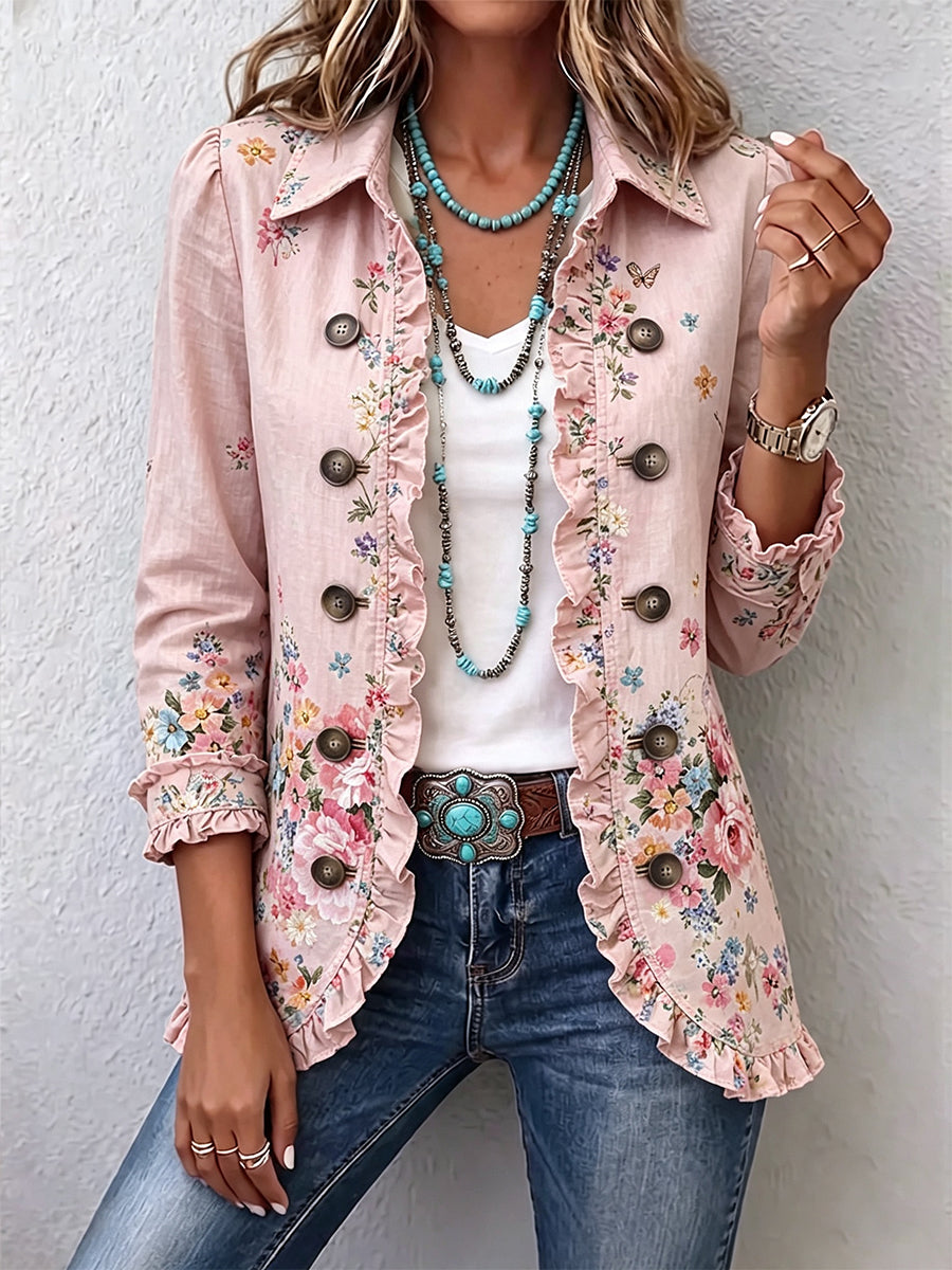 Floral Ruffle Button-Front Jacket - Pink