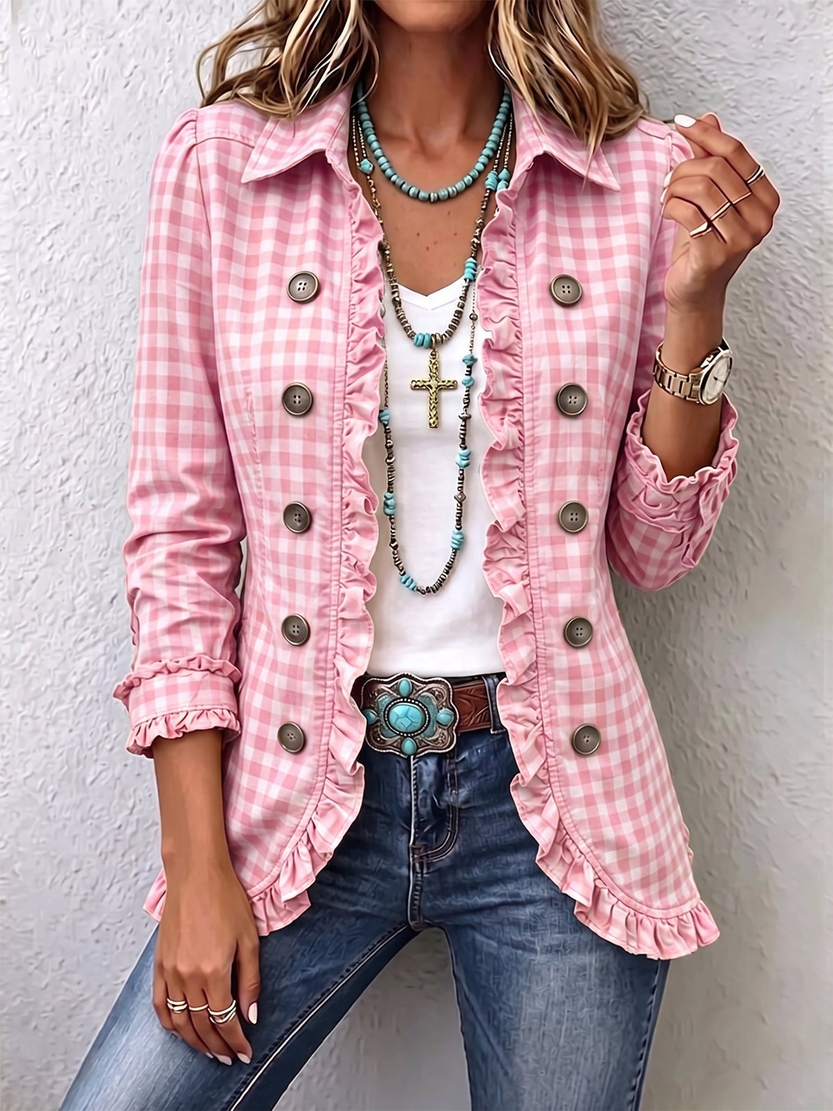 Gingham Ruffled Button-Down Jacket