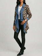 Leopard Print & Washed Denim Paneled Mid-Length Jacket