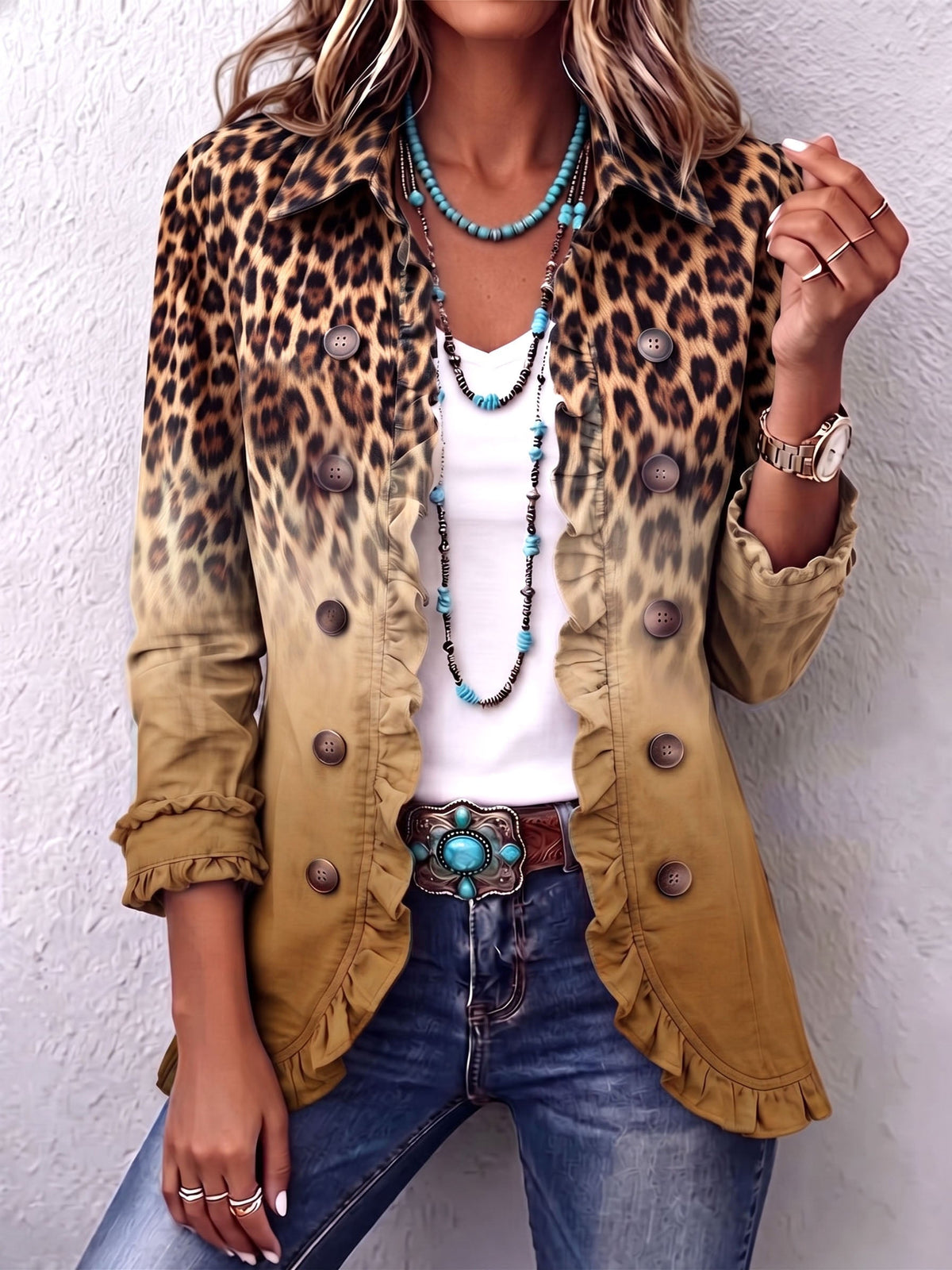Leopard Ombre Ruffle Blazer Jacket