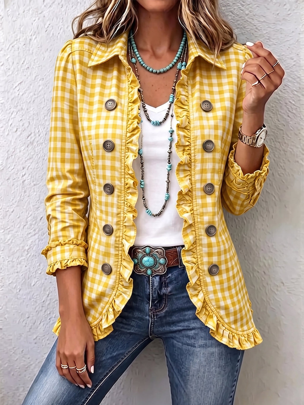 Gingham Ruffled Button-Down Jacket