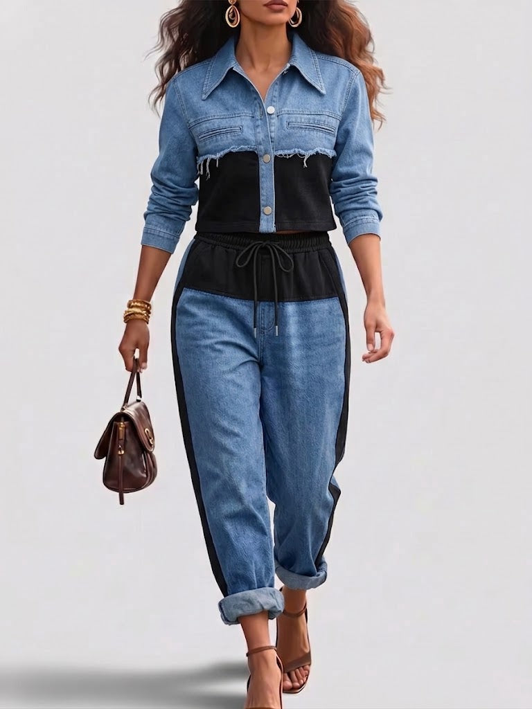 Color-Block Cropped Jacket & Wide-Leg Pants Set
