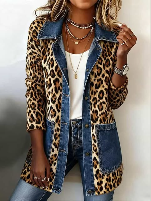 Leopard Print Denim Panel Contrast Longline Jacket