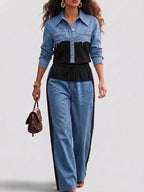Color-Block Cropped Jacket & Wide-Leg Pants Set