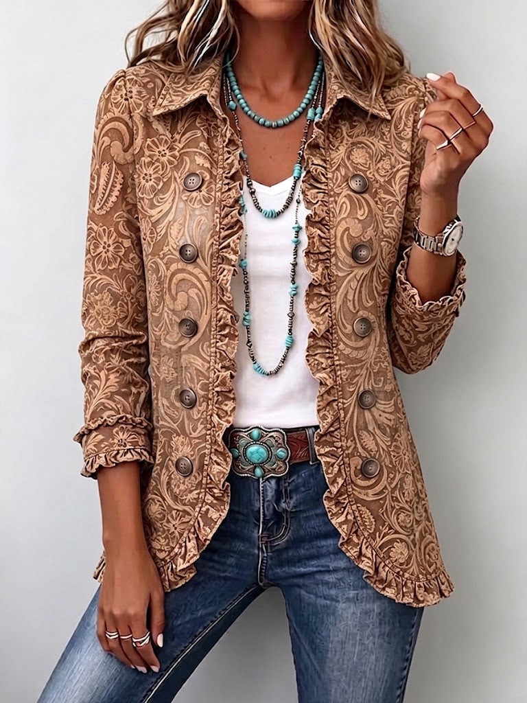 Vintage Bohemian Floral Print Ruffled Jacket - Brown