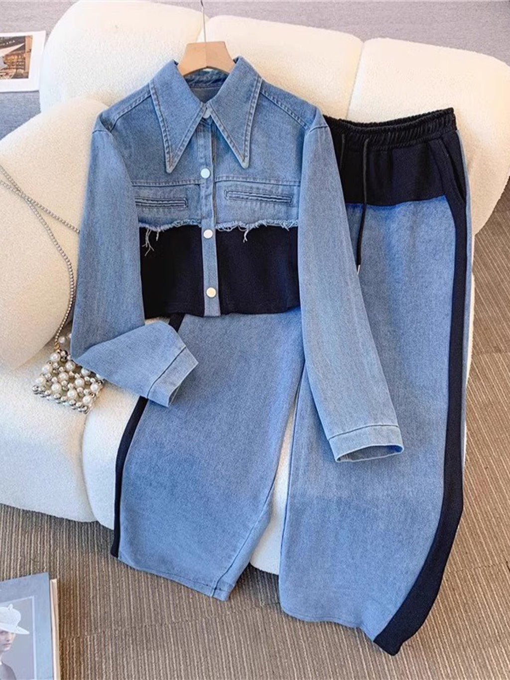 Color-Block Cropped Jacket & Wide-Leg Pants Set - Black