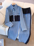 Color-Block Cropped Jacket & Wide-Leg Pants Set - Black