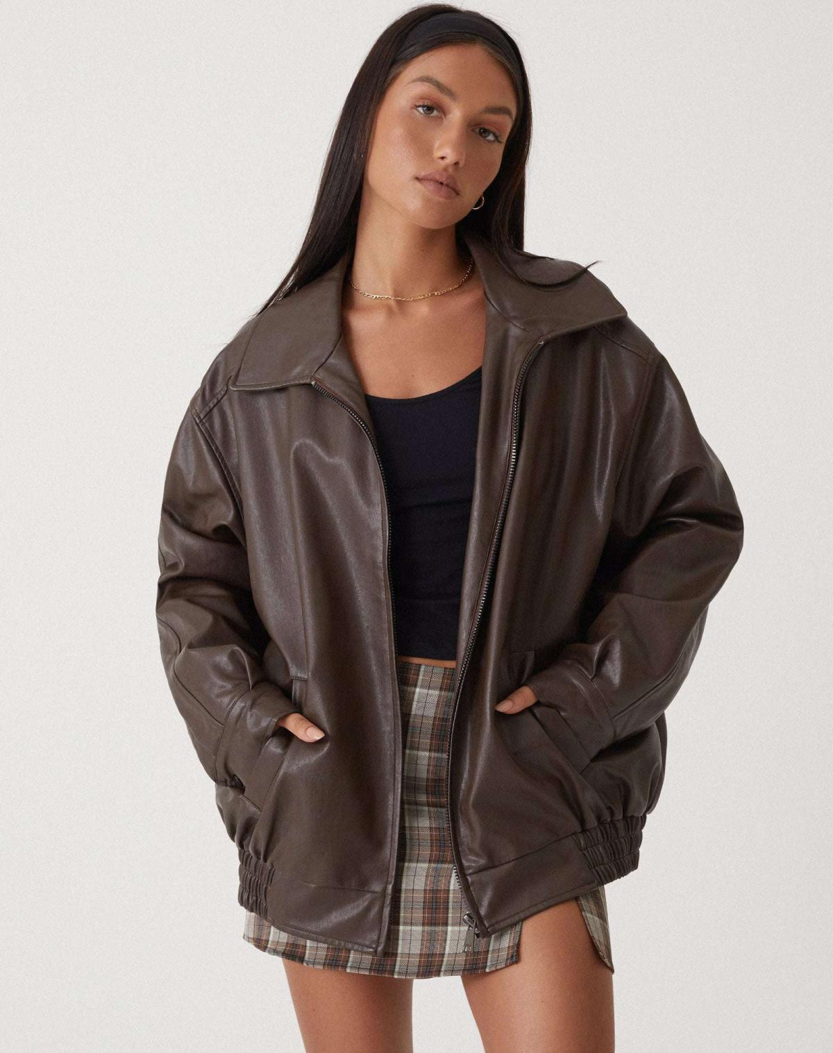 Women's Oversized Bomber Jacket - Brown