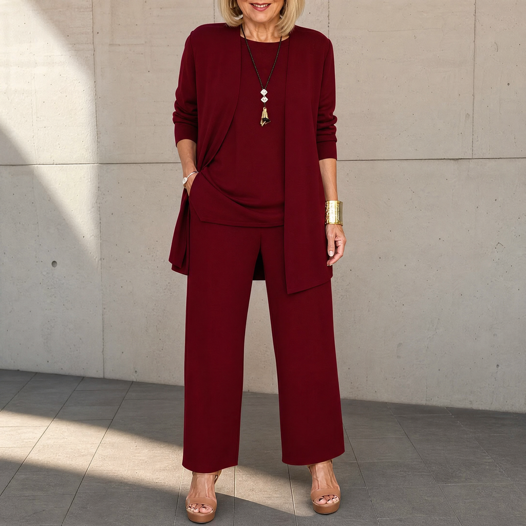 Women's 3-Piece Pants Set with Drape Cardigan - Burgundy