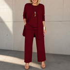 Women's 3-Piece Pants Set with Drape Cardigan - Burgundy