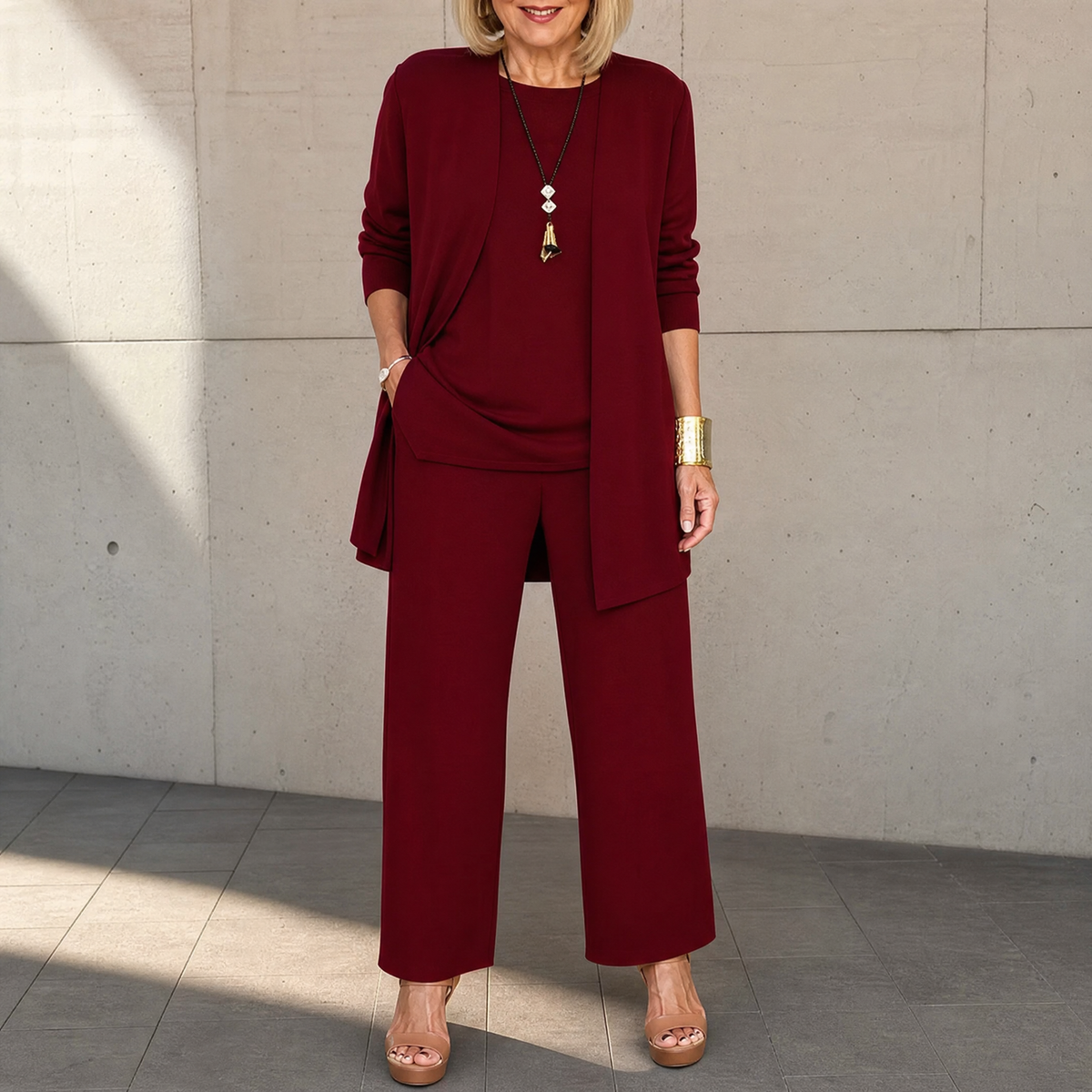 Women's 3-Piece Pants Set with Drape Cardigan - Burgundy