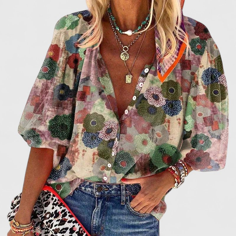 Women's Floral Print 3/4 Sleeve Button Blouse - Green